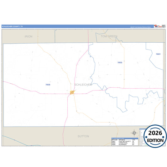 Schleicher County, TX Business Reference 5 Digit ZIP Code Wall Map