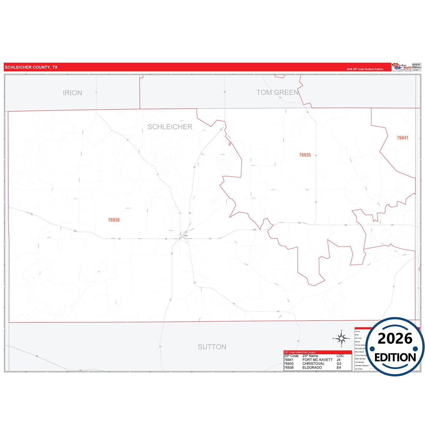 Schleicher County, TX Red Line 5 Digit ZIP Code Wall Map