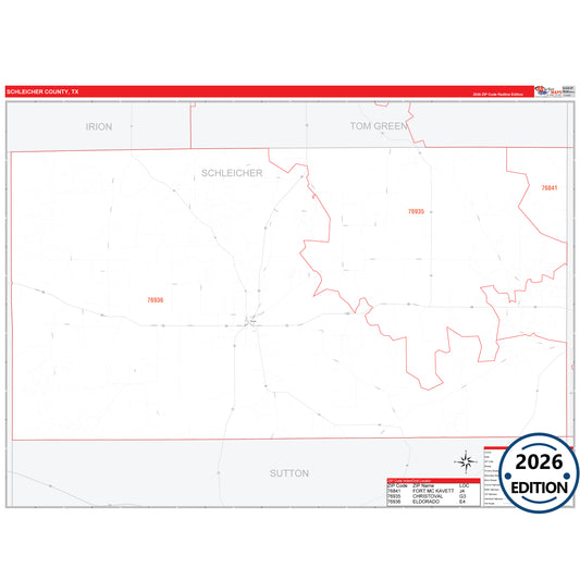 Schleicher County, TX Red Line 5 Digit ZIP Code Wall Map