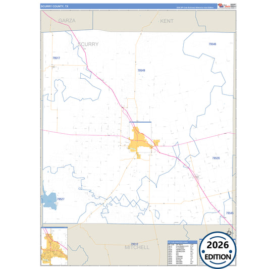 Scurry County, TX Business Reference 5 Digit ZIP Code Wall Map