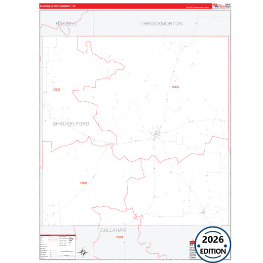 Shackelford County, TX Red Line 5 Digit ZIP Code Wall Map