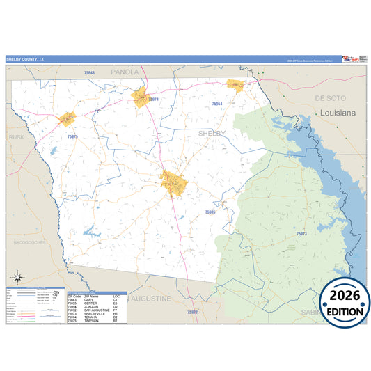 Shelby County, TX Business Reference 5 Digit ZIP Code Wall Map