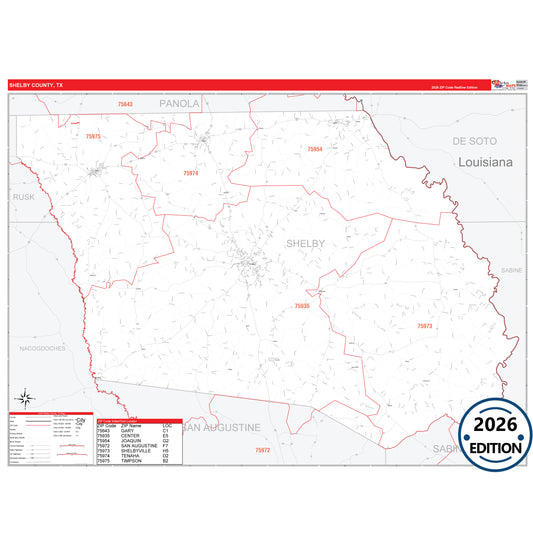 Shelby County, TX Red Line 5 Digit ZIP Code Wall Map