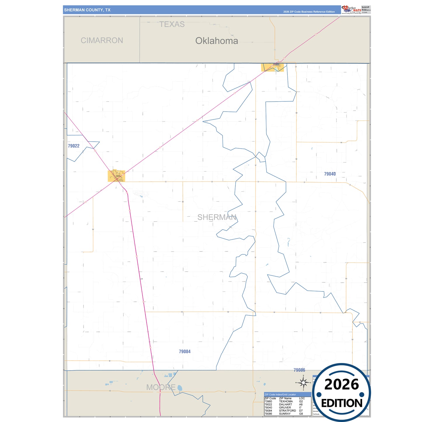 Sherman County, TX Business Reference 5 Digit ZIP Code Wall Map