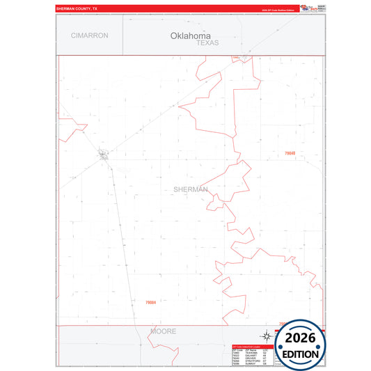 Sherman County, TX Red Line 5 Digit ZIP Code Wall Map