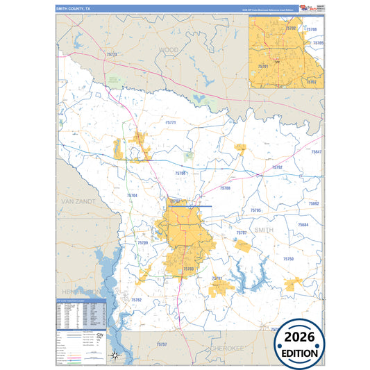 Smith County, TX Business Reference 5 Digit ZIP Code Wall Map