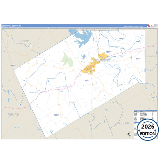 Somervell County, TX Business Reference 5 Digit ZIP Code Wall Map