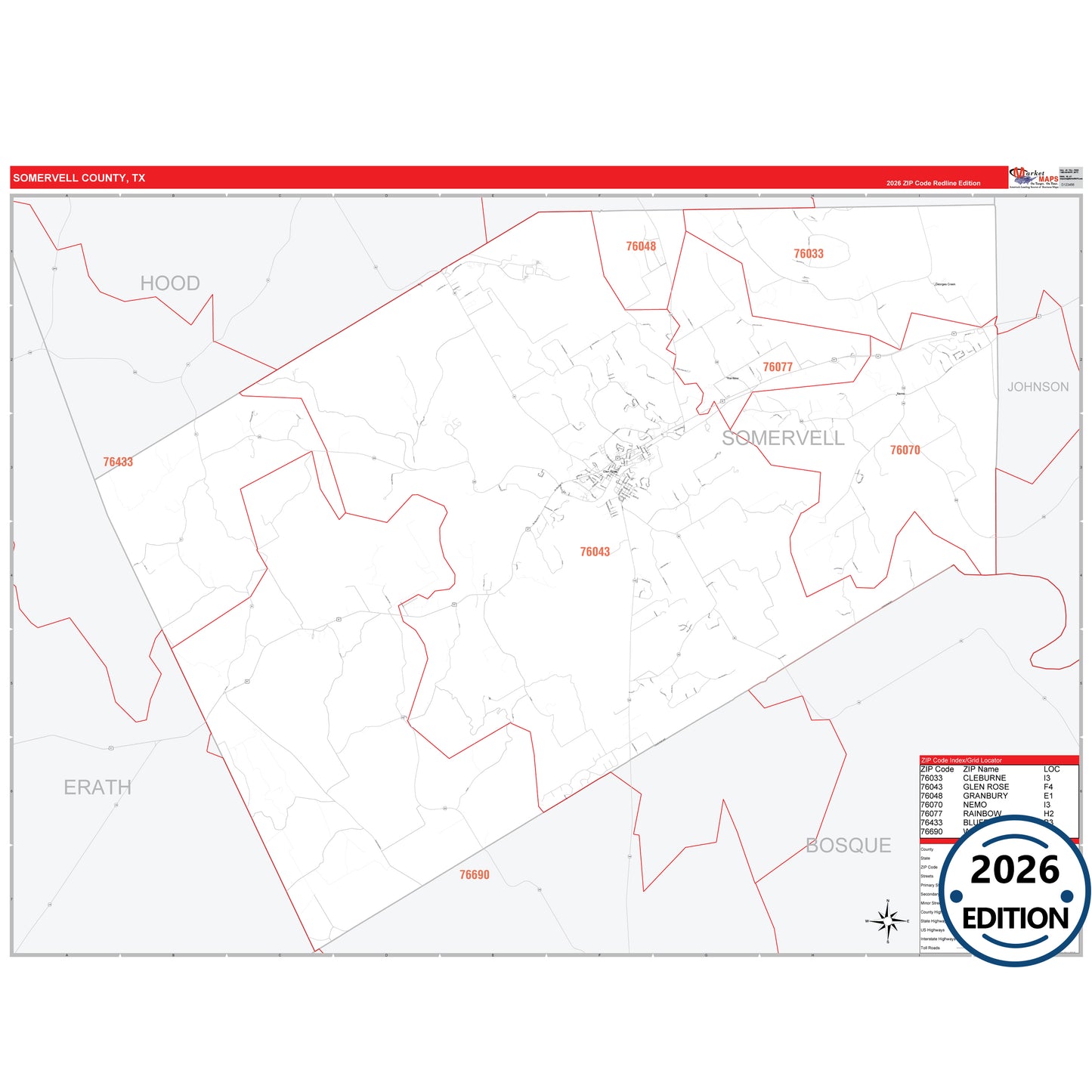 Somervell County, TX Red Line 5 Digit ZIP Code Wall Map
