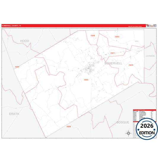 Somervell County, TX Red Line 5 Digit ZIP Code Wall Map