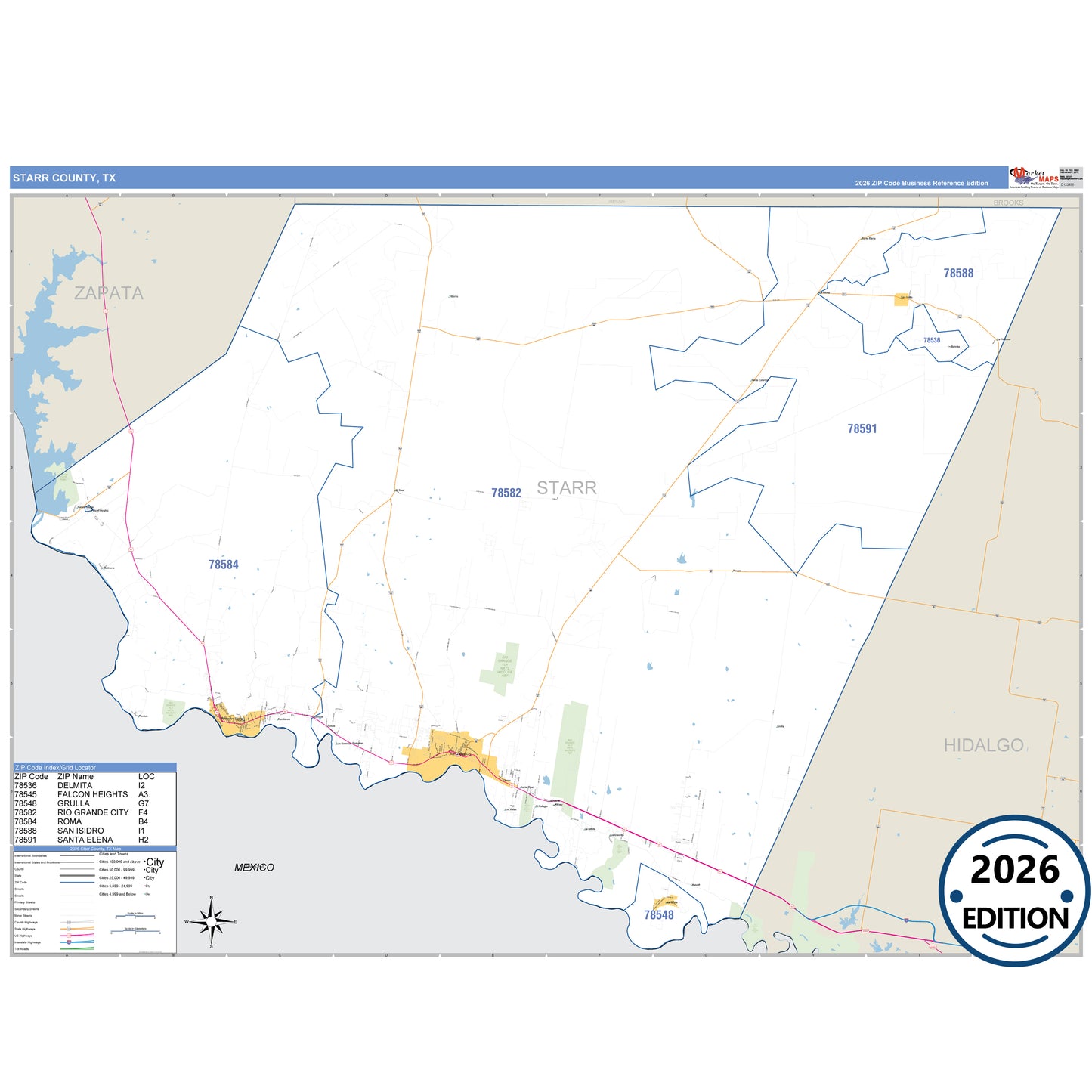 Starr County, TX Business Reference 5 Digit ZIP Code Wall Map