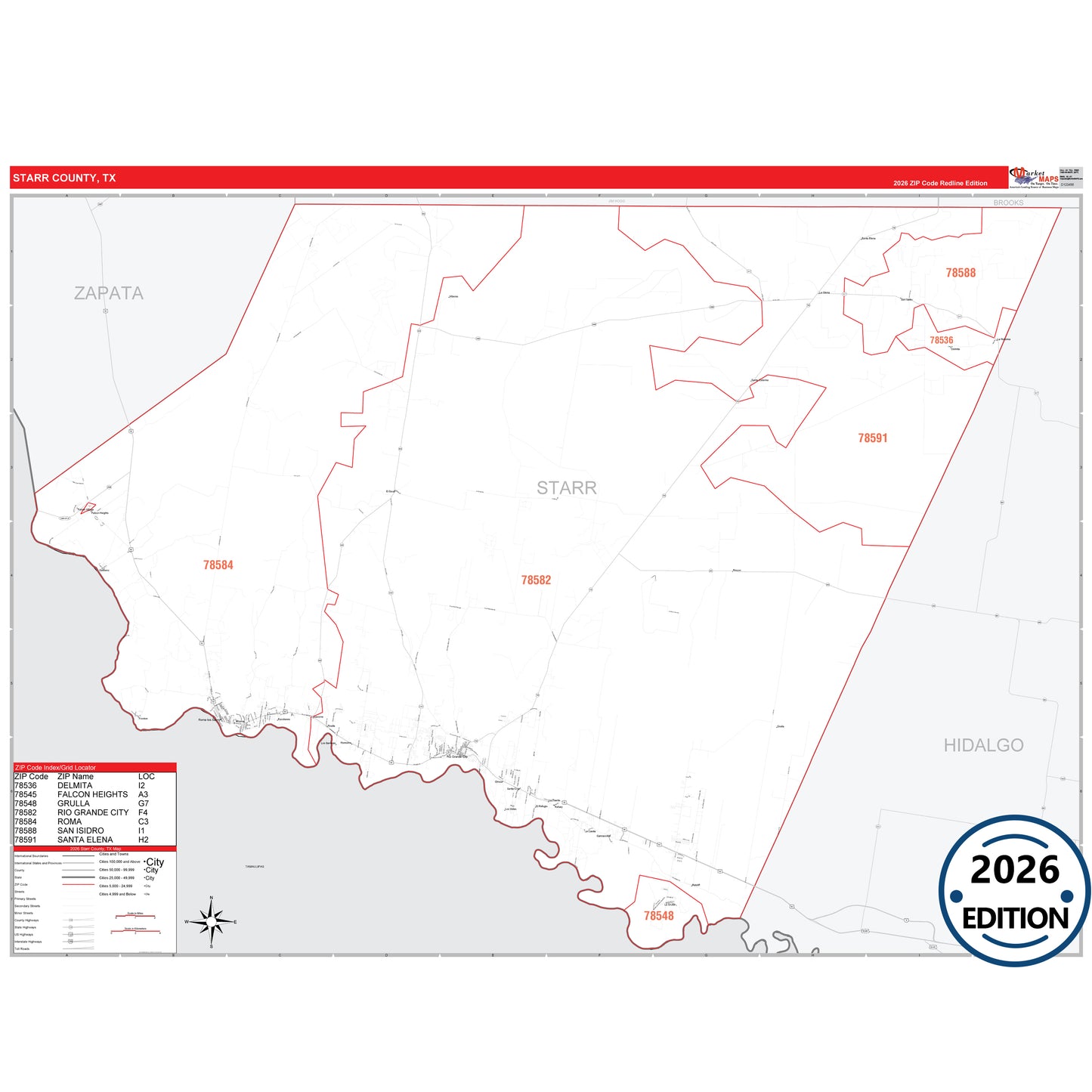 Starr County, TX Red Line 5 Digit ZIP Code Wall Map