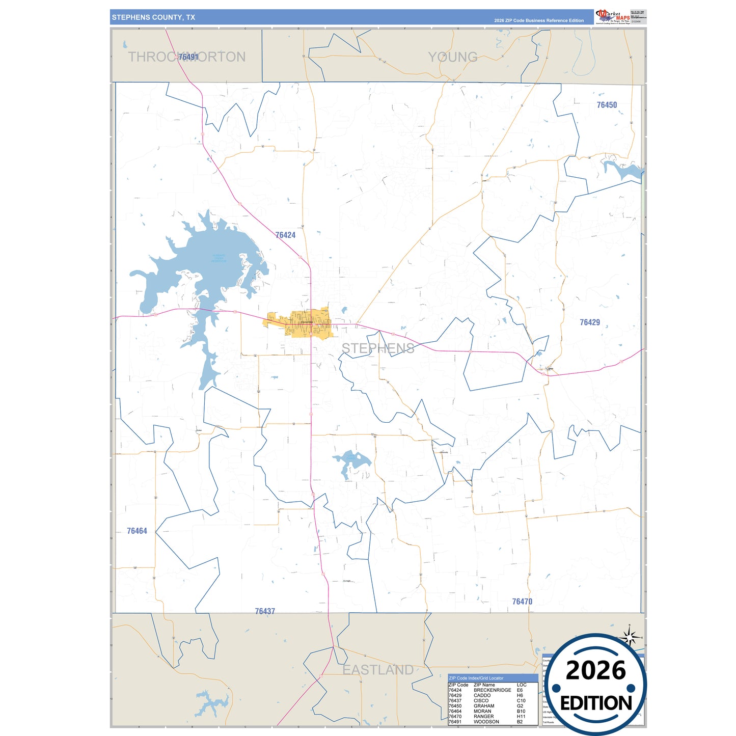 Stephens County, TX Business Reference 5 Digit ZIP Code Wall Map