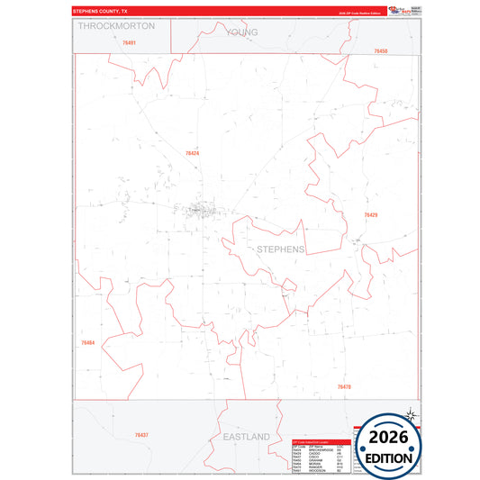 Stephens County, TX Red Line 5 Digit ZIP Code Wall Map