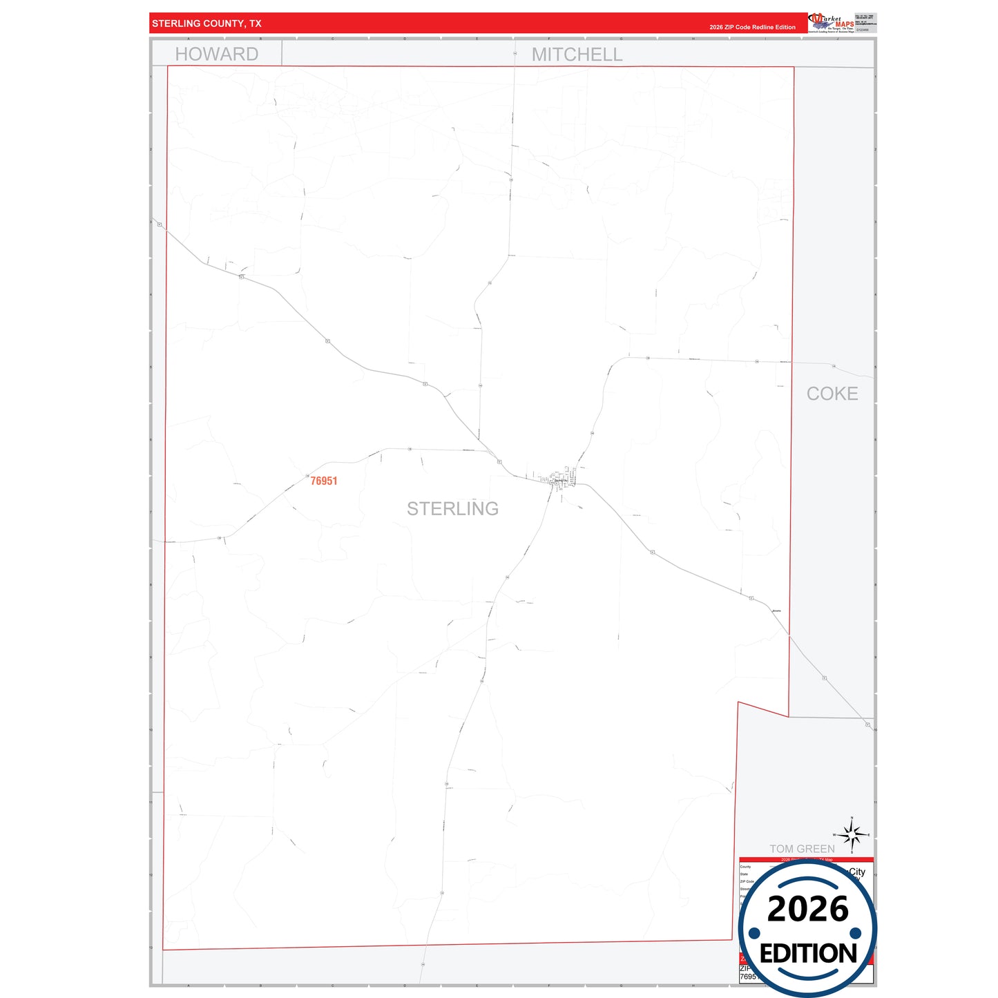 Sterling County, TX Red Line 5 Digit ZIP Code Wall Map