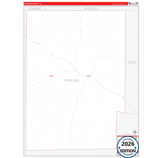 Sterling County, TX Red Line 5 Digit ZIP Code Wall Map