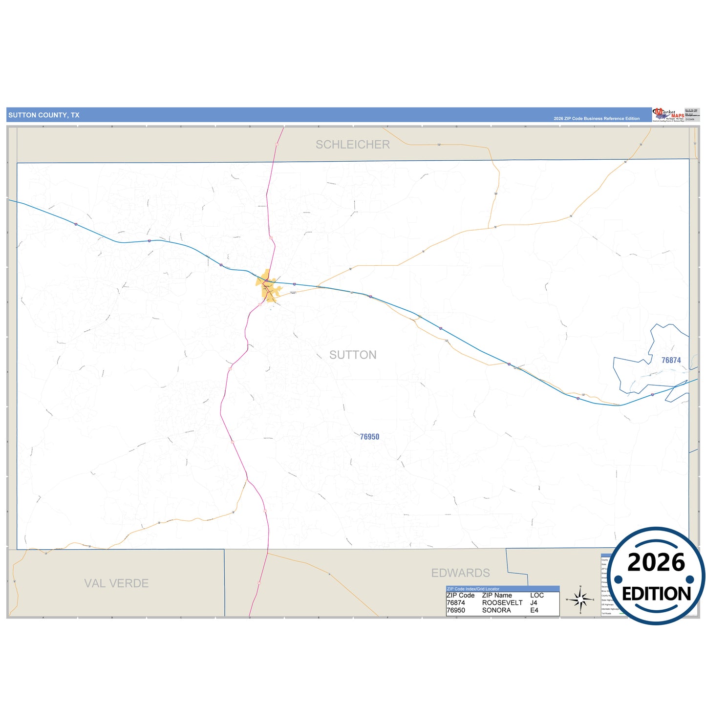 Sutton County, TX Business Reference 5 Digit ZIP Code Wall Map