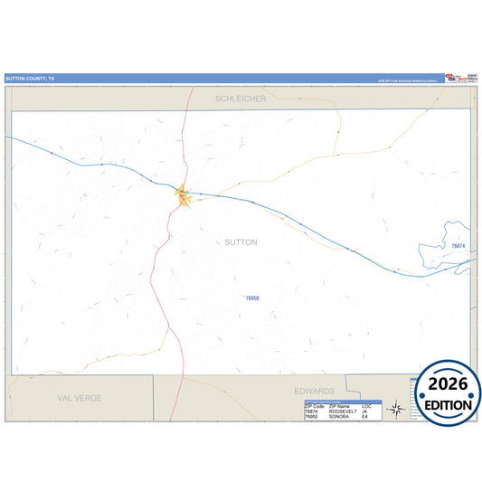 Sutton County, TX Business Reference 5 Digit ZIP Code Wall Map