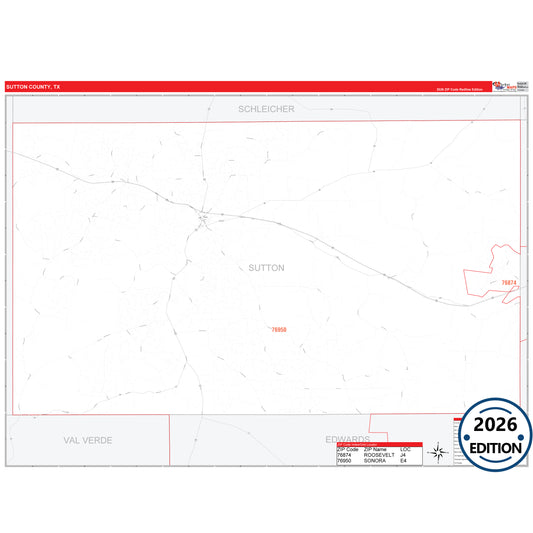 Sutton County, TX Red Line 5 Digit ZIP Code Wall Map