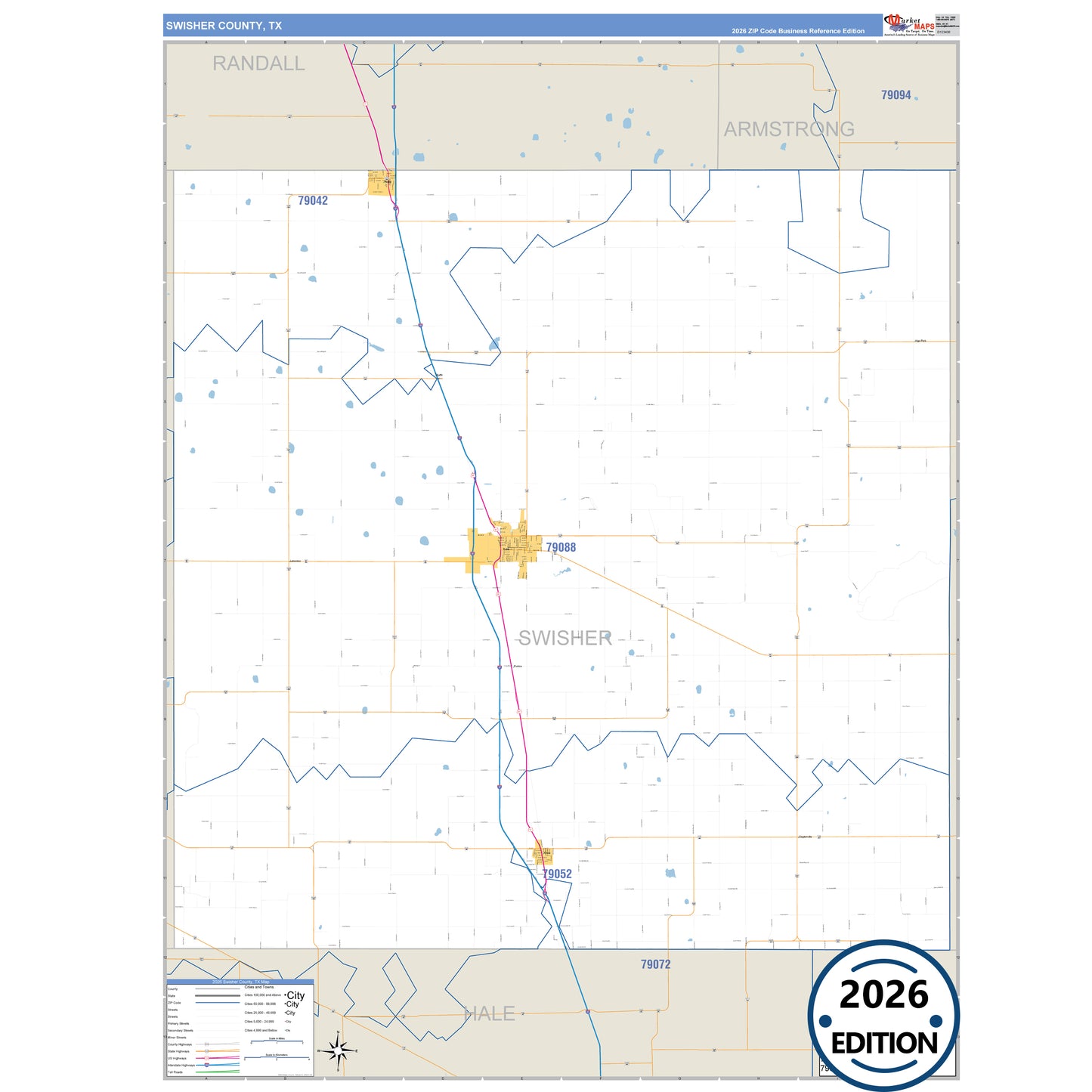 Swisher County, TX Business Reference 5 Digit ZIP Code Wall Map