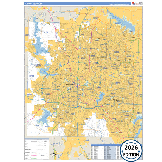 Tarrant County, TX Business Reference 5 Digit ZIP Code Wall Map