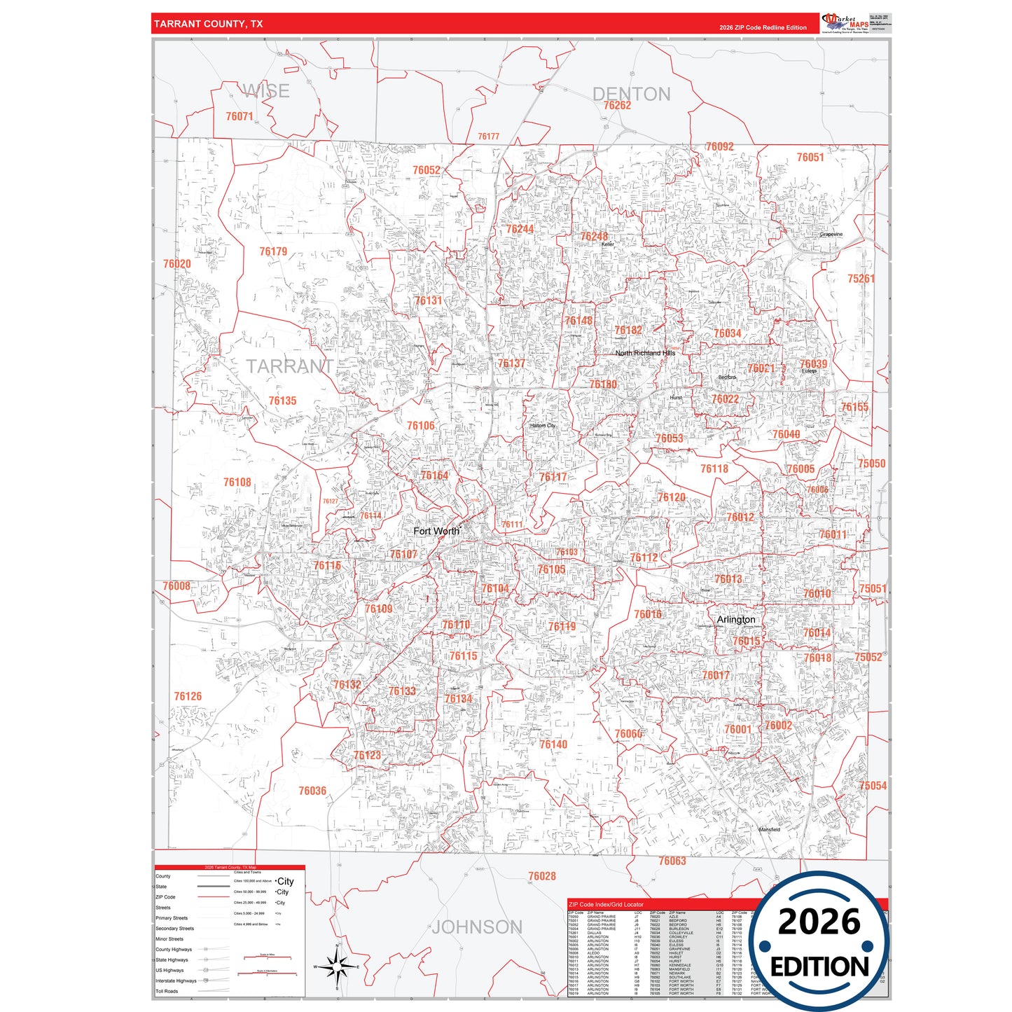 Tarrant County, TX Red Line 5 Digit ZIP Code Wall Map