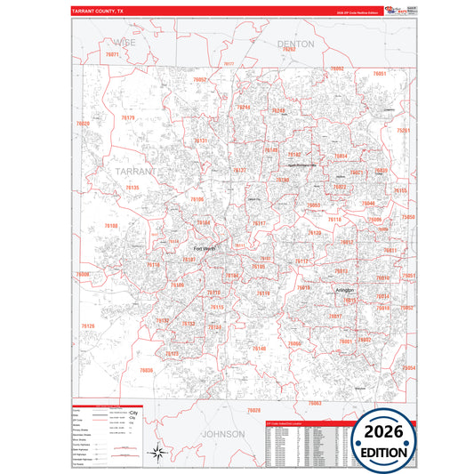 Tarrant County, TX Red Line 5 Digit ZIP Code Wall Map