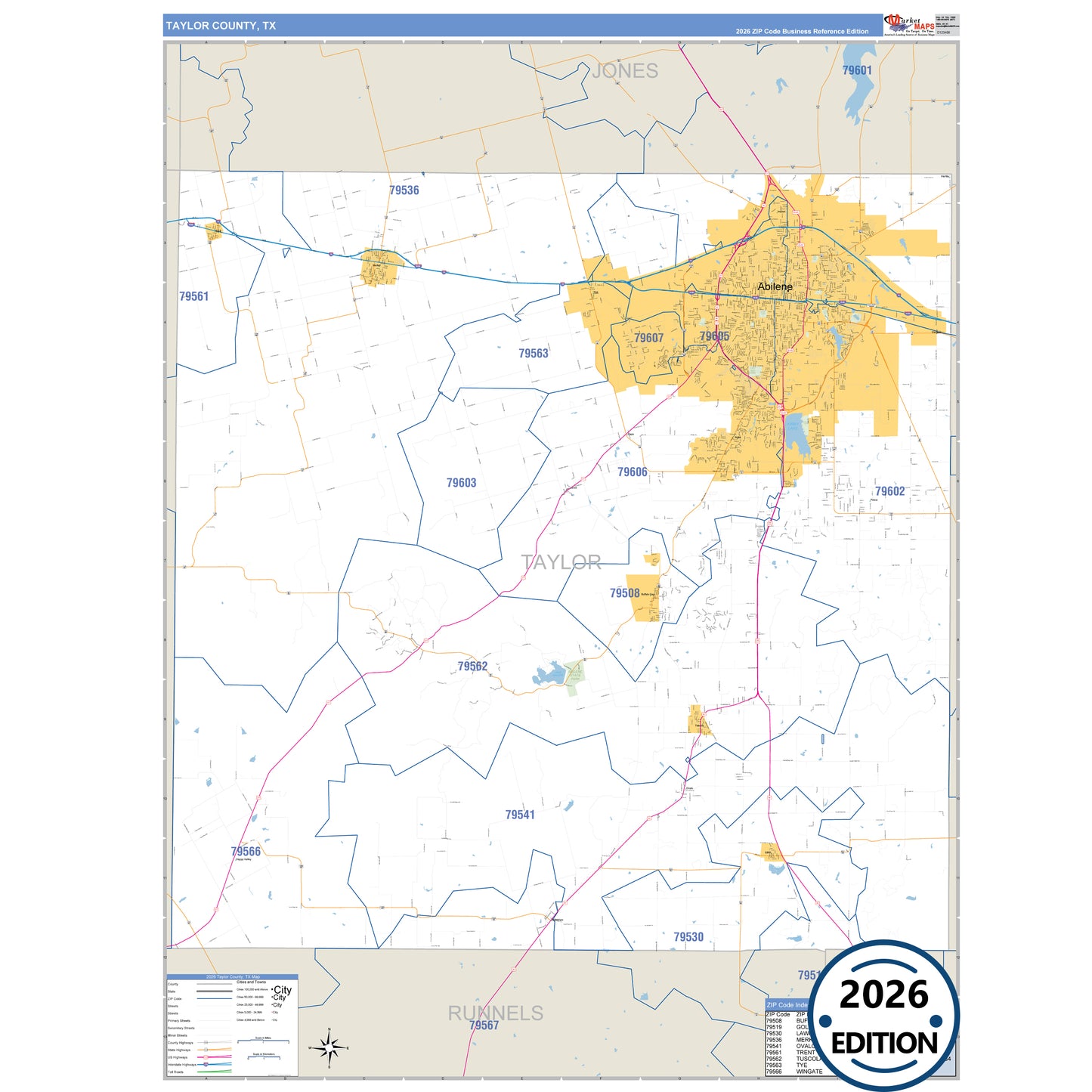 Taylor County, TX Business Reference 5 Digit ZIP Code Wall Map