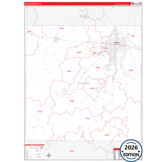 Taylor County, TX Red Line 5 Digit ZIP Code Wall Map