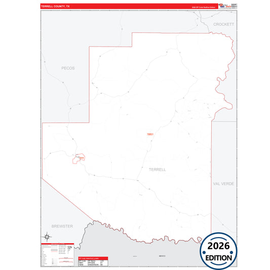 Terrell County, TX Red Line 5 Digit ZIP Code Wall Map