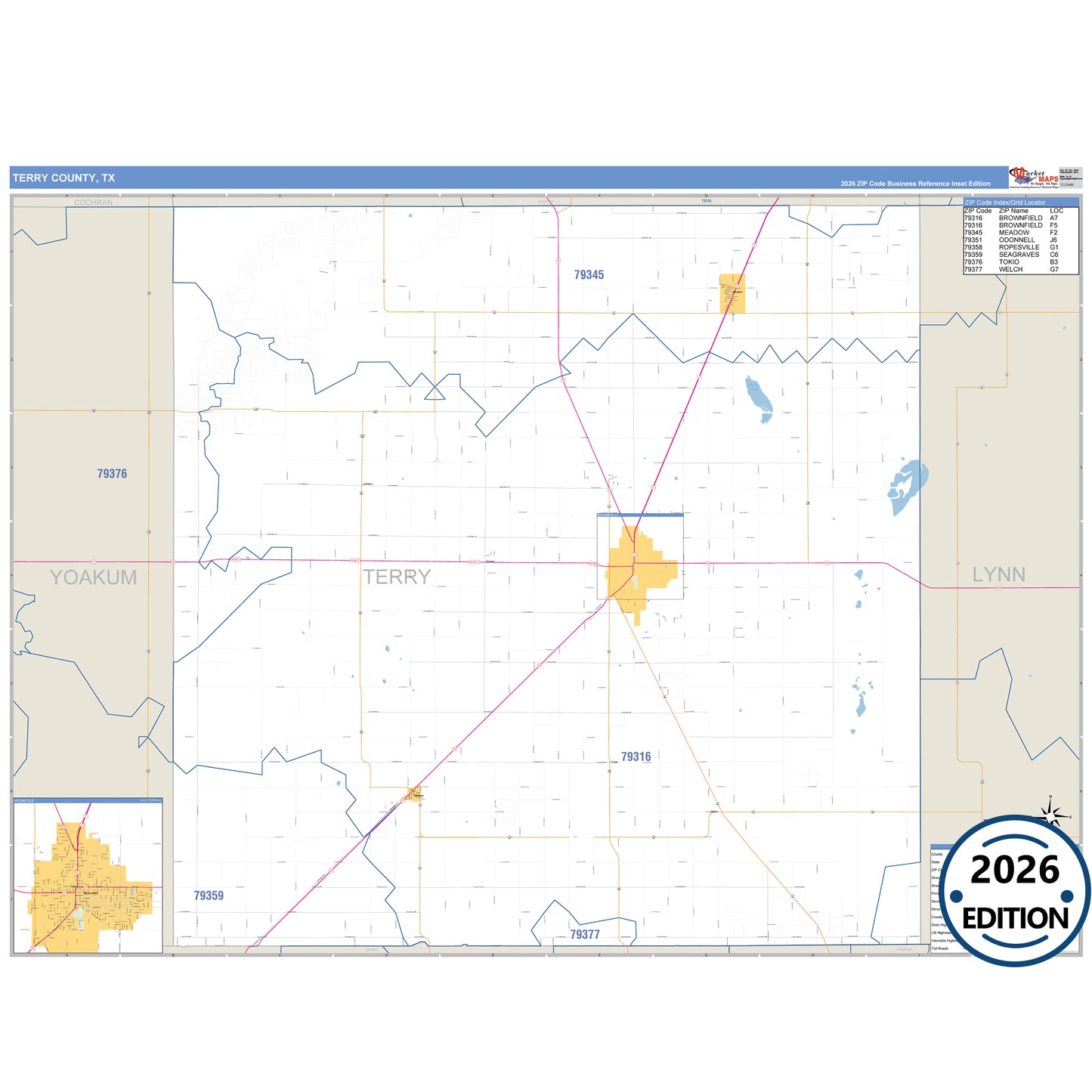 Terry County, TX Business Reference 5 Digit ZIP Code Wall Map