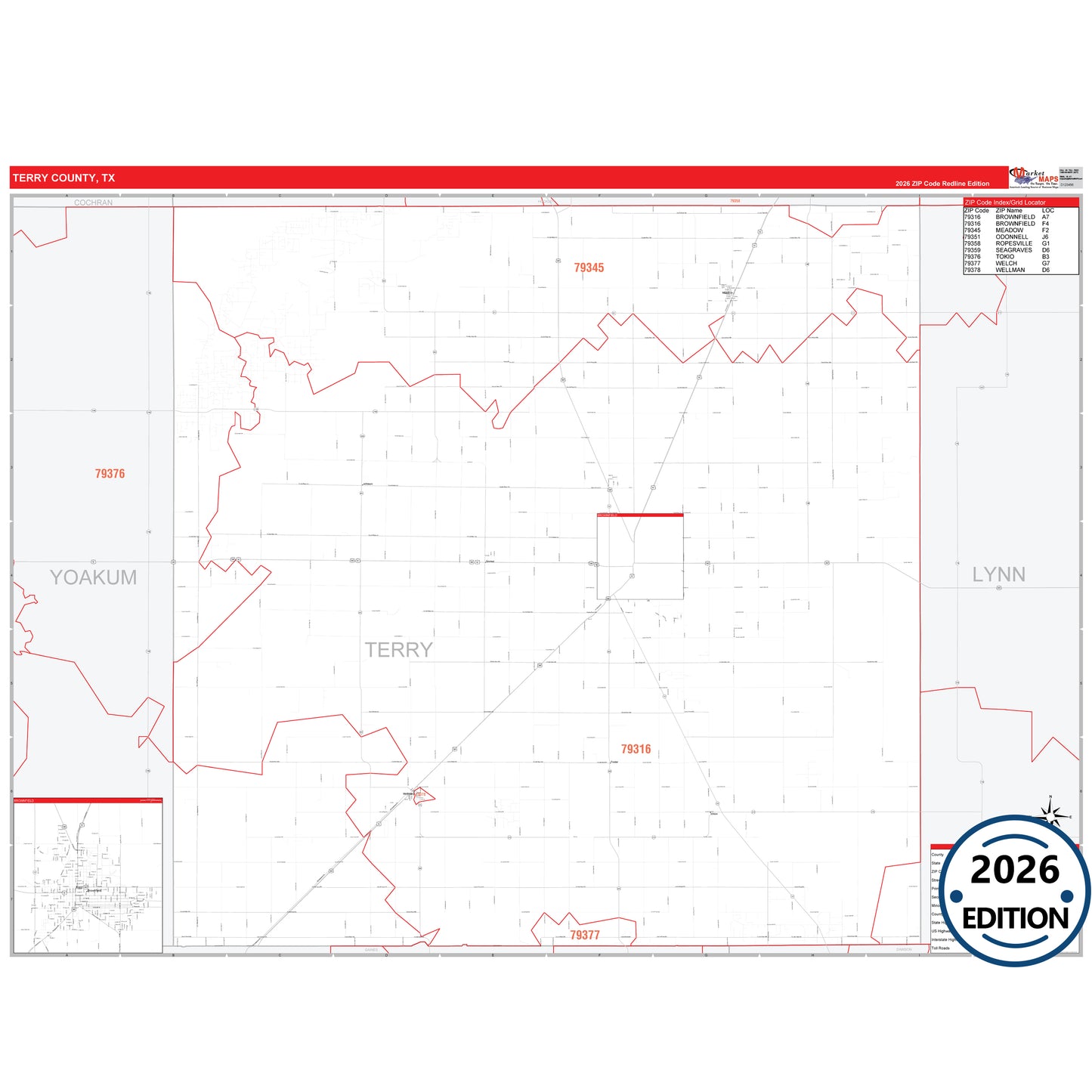 Terry County, TX Red Line 5 Digit ZIP Code Wall Map