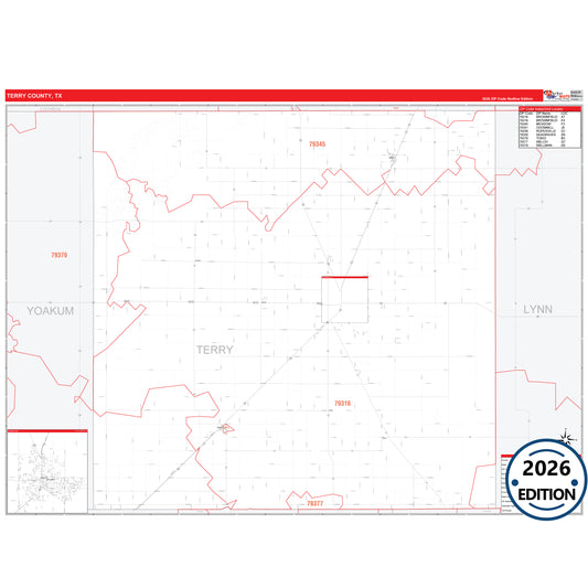 Terry County, TX Red Line 5 Digit ZIP Code Wall Map