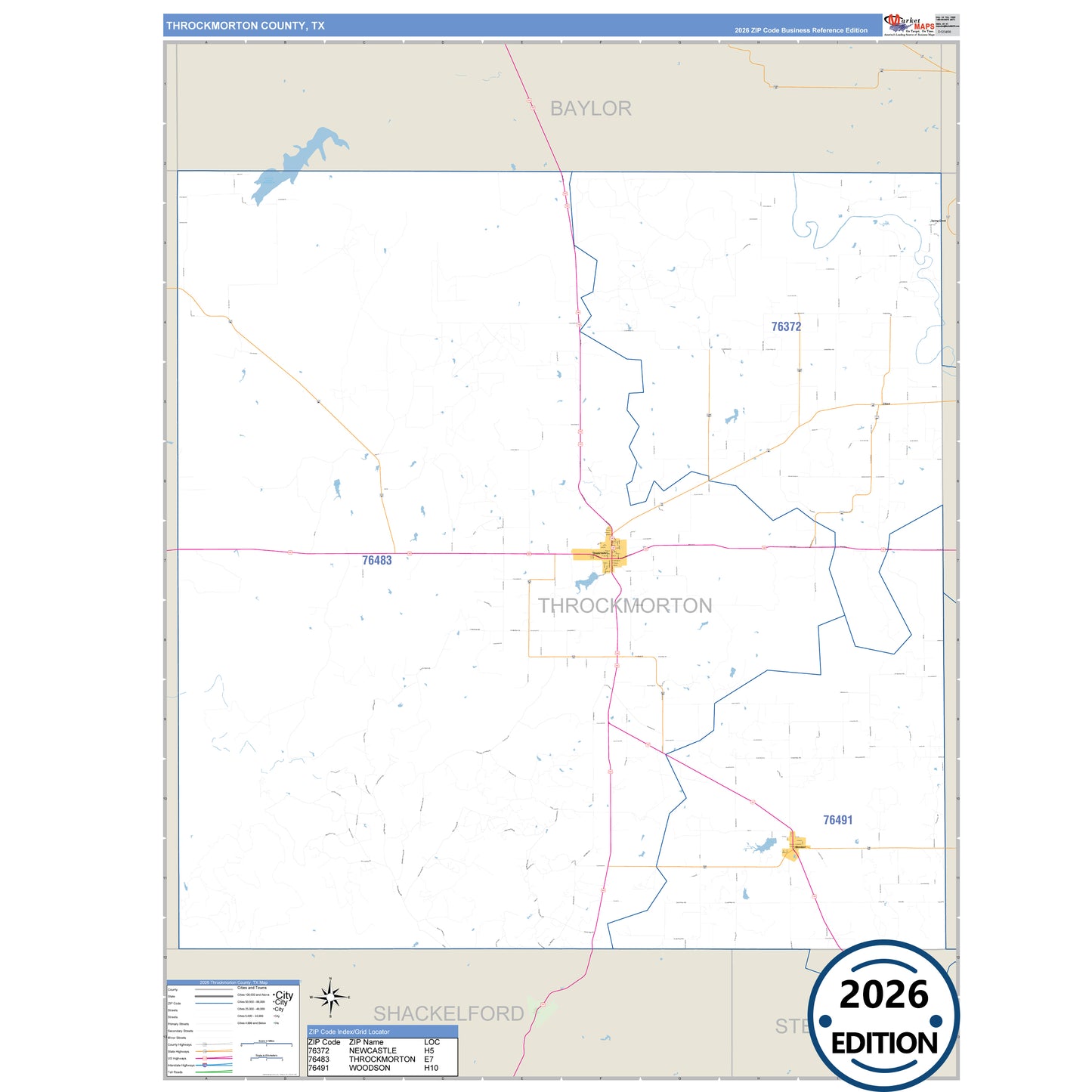 Throckmorton County, TX Business Reference 5 Digit ZIP Code Wall Map