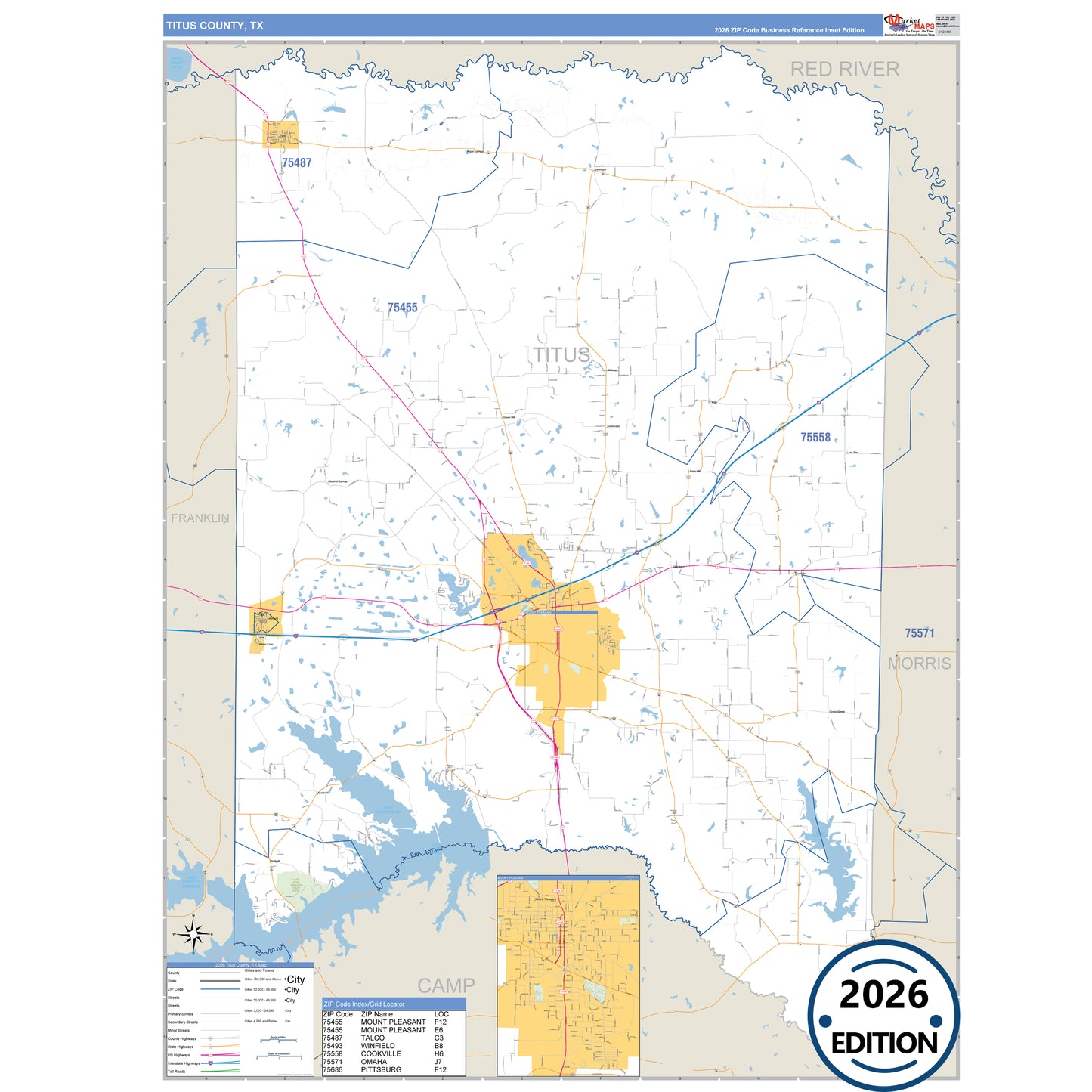 Titus County, TX Business Reference 5 Digit ZIP Code Wall Map