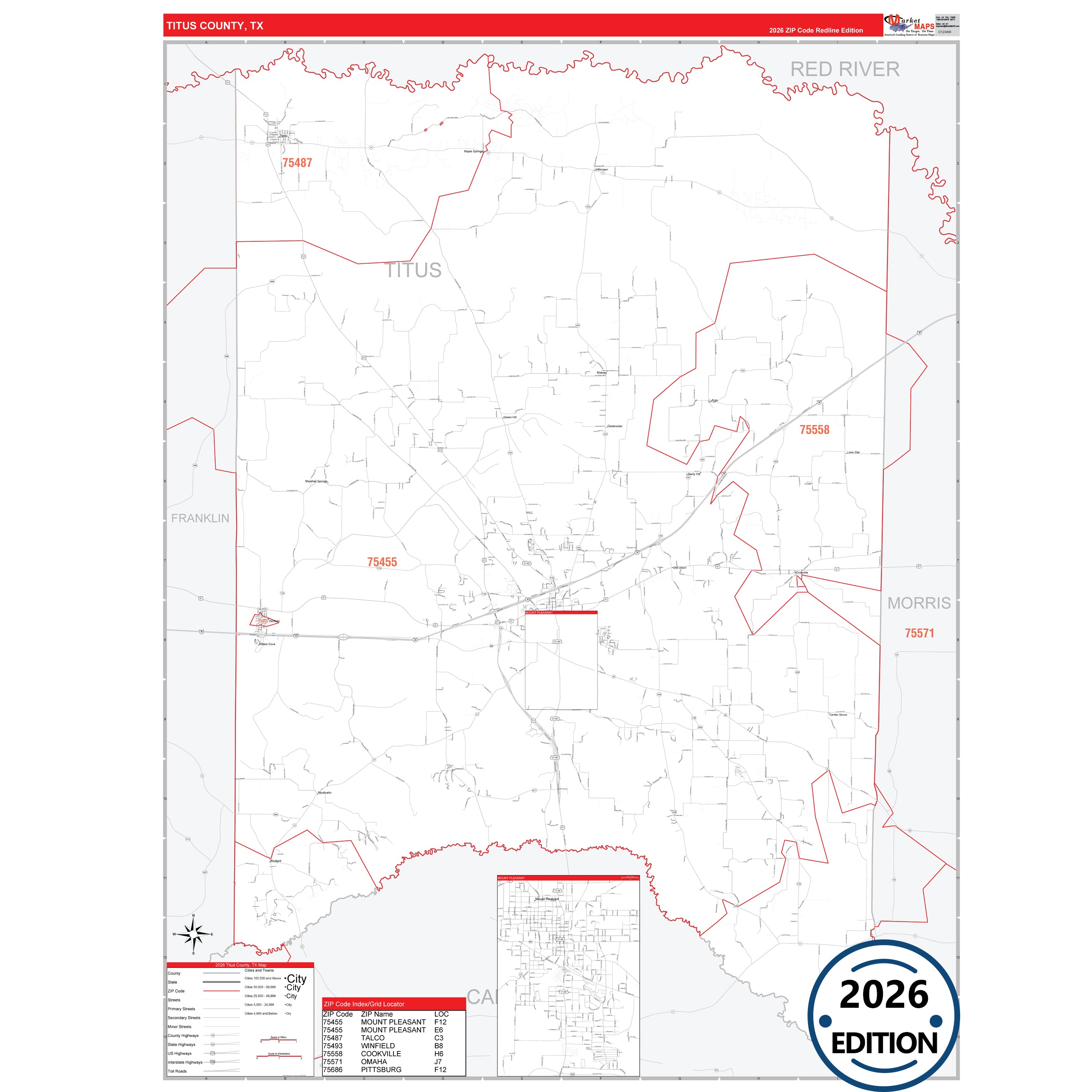 Titus County, TX Red Line 5 Digit ZIP Code Wall Map – ZipCodeMaps