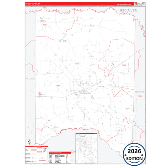Titus County, TX Red Line 5 Digit ZIP Code Wall Map