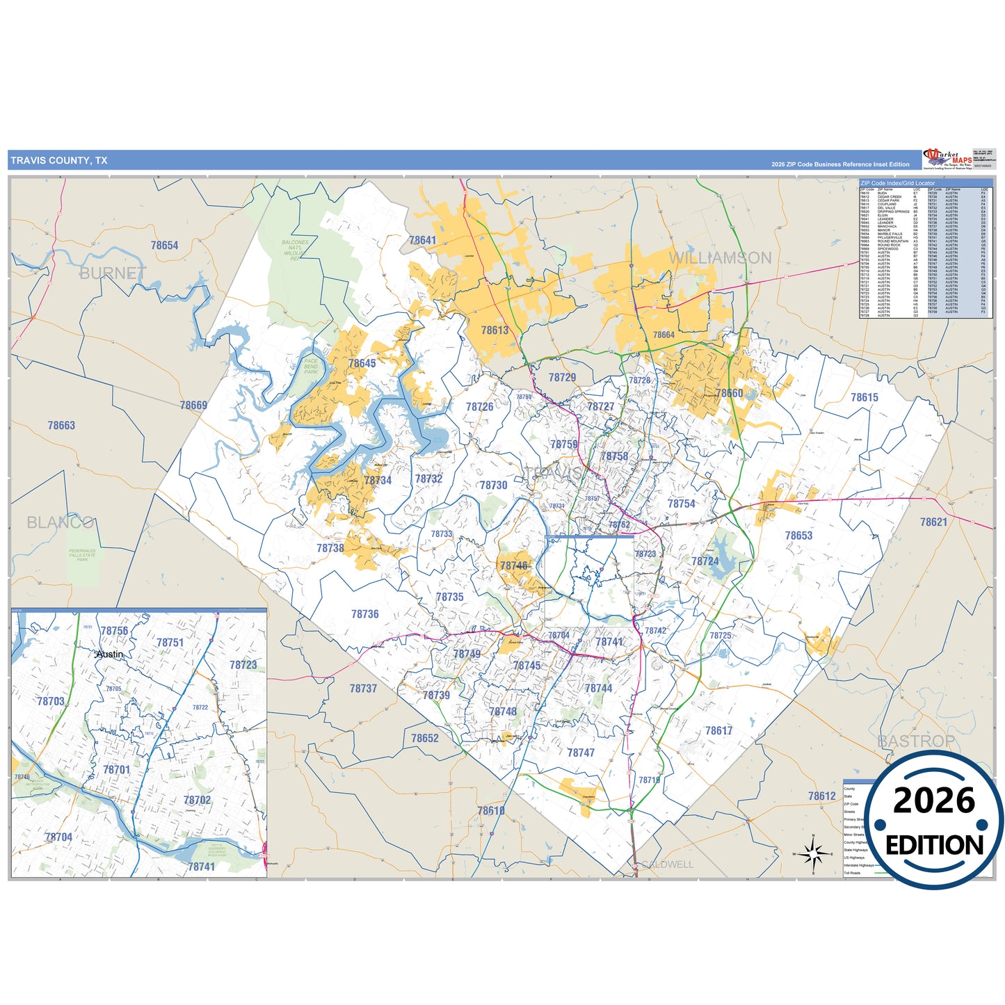 Travis County, TX Business Reference 5 Digit ZIP Code Wall Map