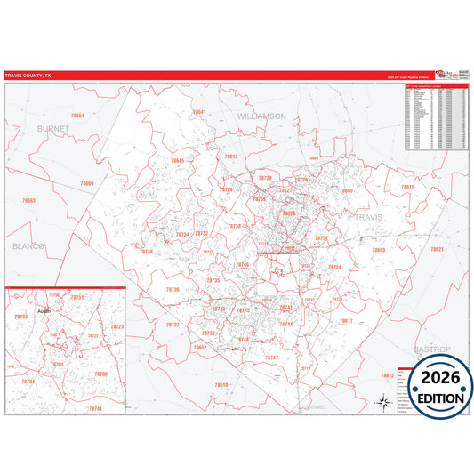 Travis County, TX Red Line 5 Digit ZIP Code Wall Map