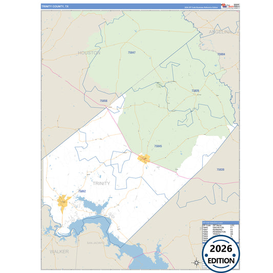 Trinity County, TX Business Reference 5 Digit ZIP Code Wall Map
