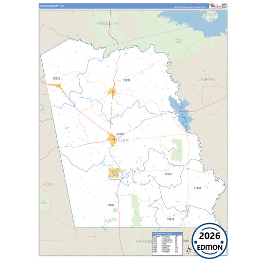 Tyler County, TX Business Reference 5 Digit ZIP Code Wall Map