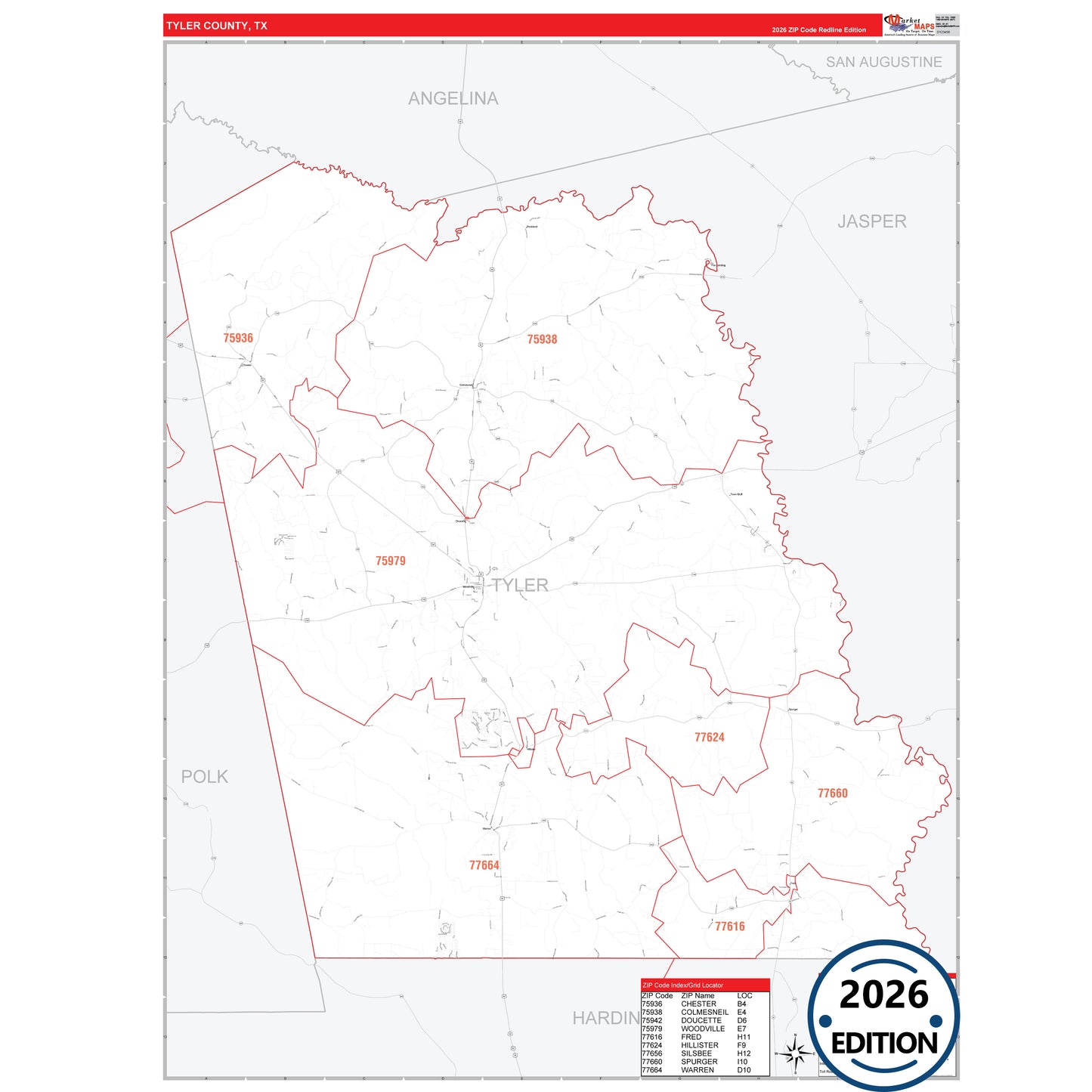 Tyler County, TX Red Line 5 Digit ZIP Code Wall Map