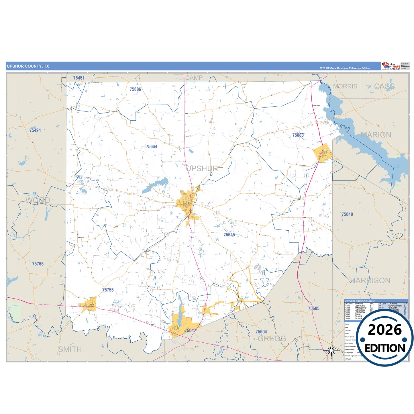 Upshur County, TX Business Reference 5 Digit ZIP Code Wall Map