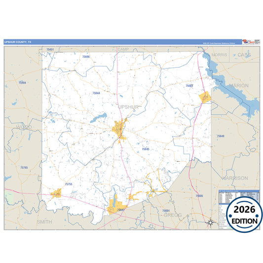 Upshur County, TX Business Reference 5 Digit ZIP Code Wall Map