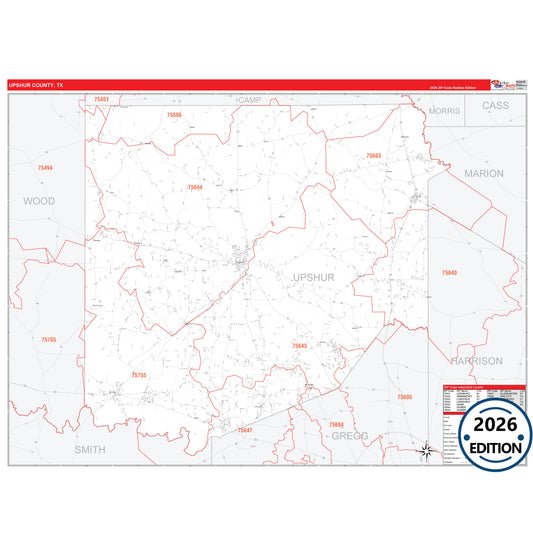 Upshur County, TX Red Line 5 Digit ZIP Code Wall Map