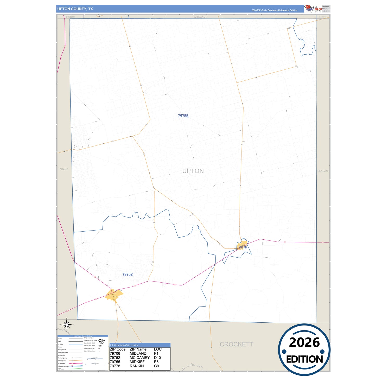 Upton County, TX Business Reference 5 Digit ZIP Code Wall Map