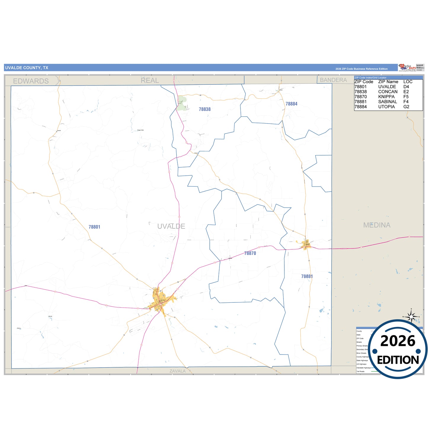 Uvalde County, TX Business Reference 5 Digit ZIP Code Wall Map