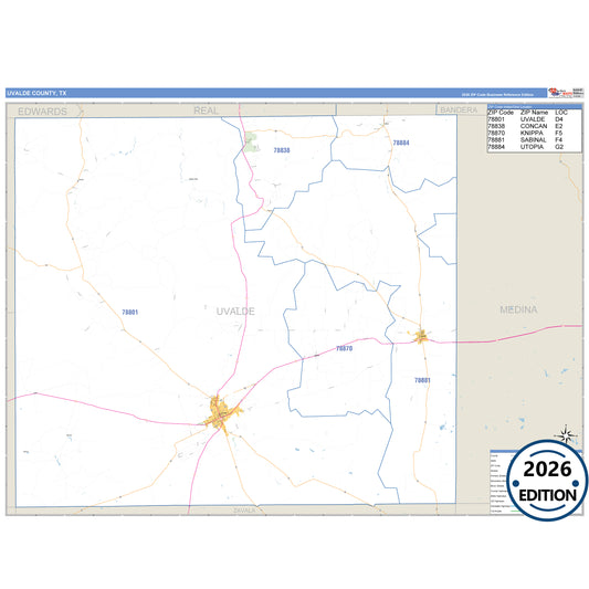 Uvalde County, TX Business Reference 5 Digit ZIP Code Wall Map