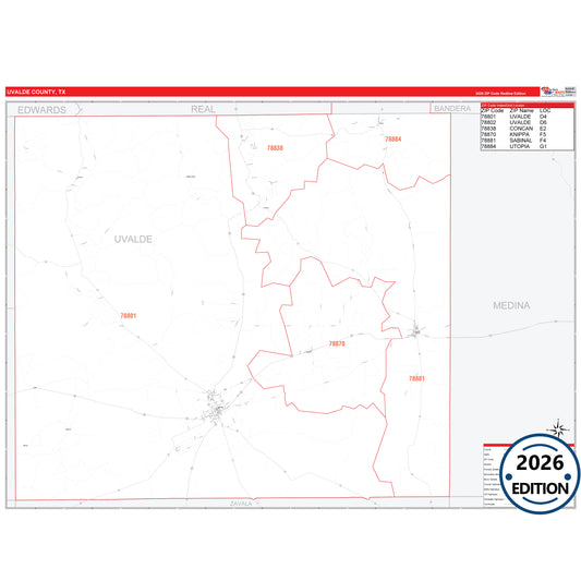 Uvalde County, TX Red Line 5 Digit ZIP Code Wall Map