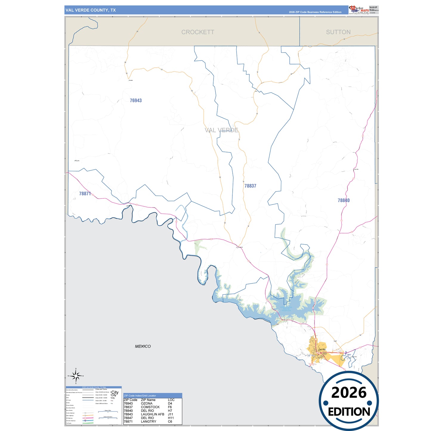 Val Verde County, TX Business Reference 5 Digit ZIP Code Wall Map