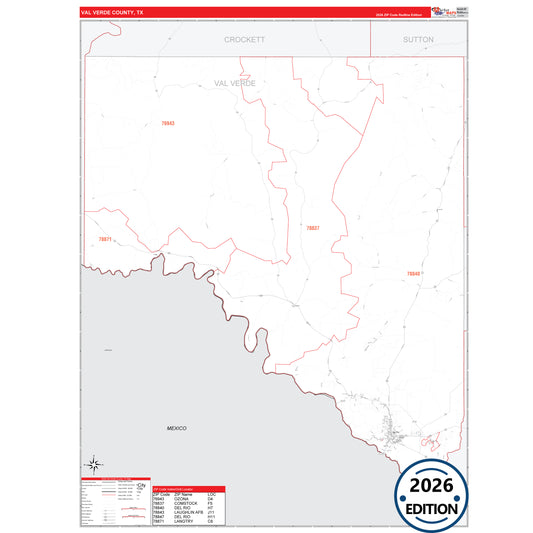 Val Verde County, TX Red Line 5 Digit ZIP Code Wall Map